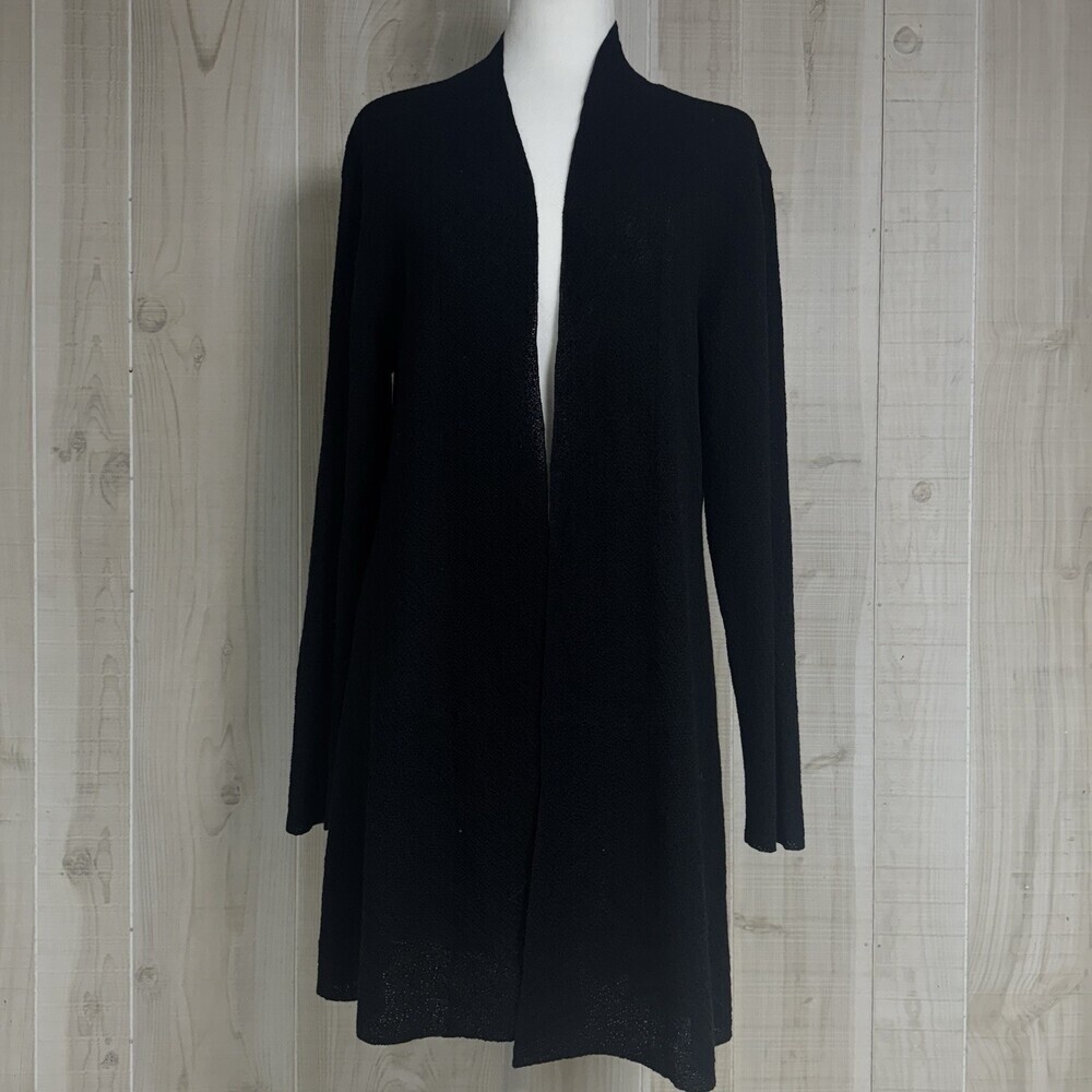 Eileen Fisher Merino Wool Black Knit Long Cardigan Lagenlook Semi Sheer M